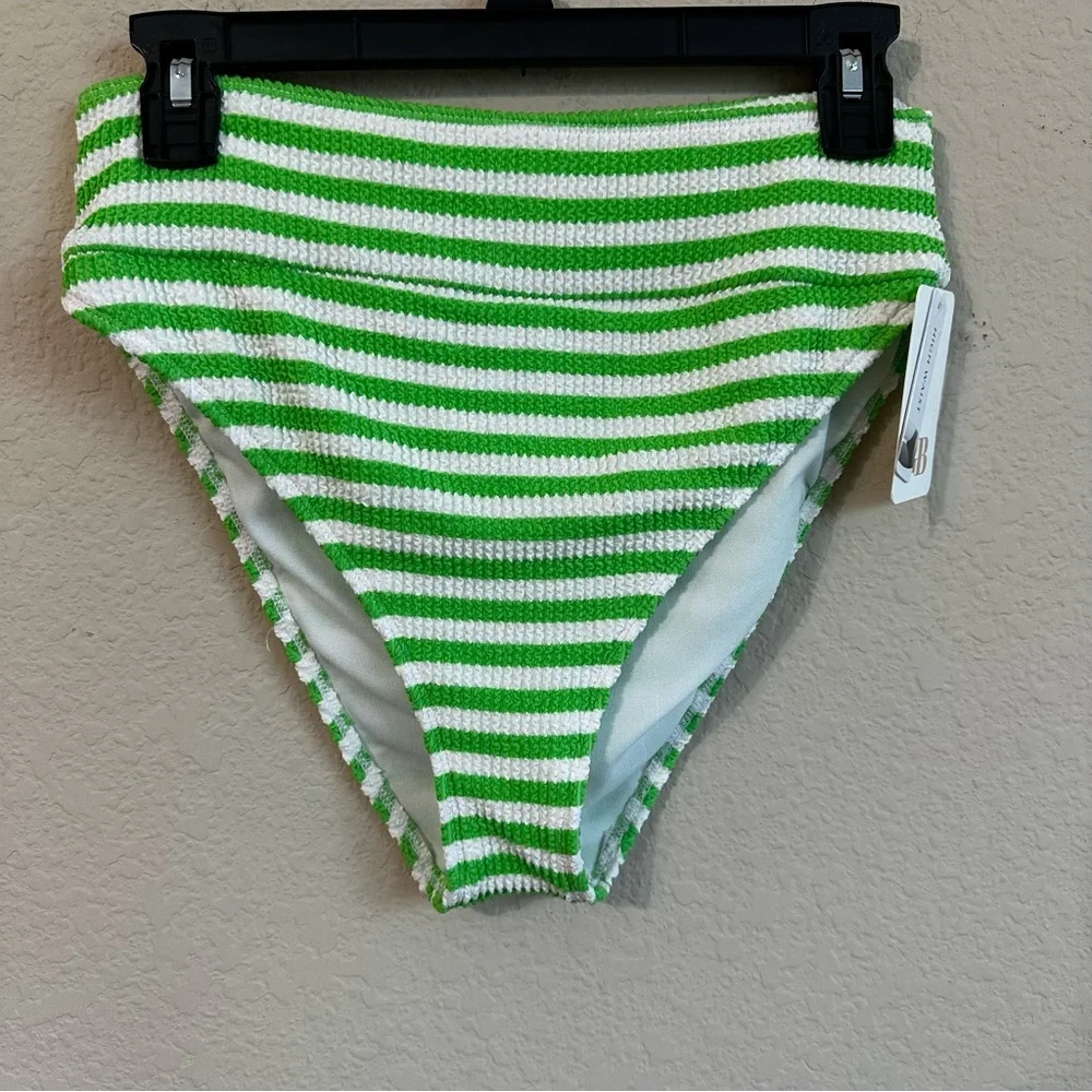 GB Bikini Bottom Green White Striped High Waisted Retro Scrunch Texture Swimsuit